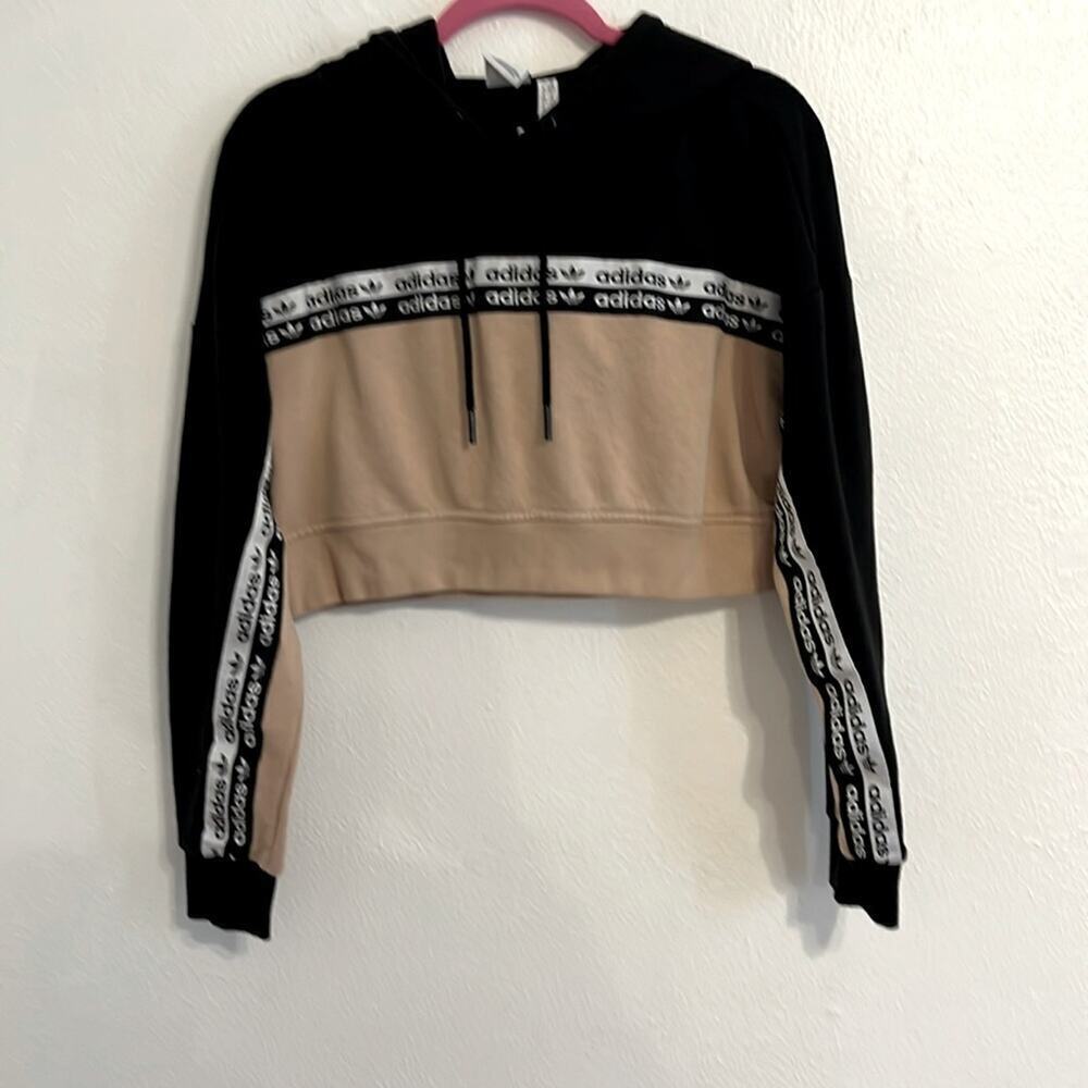 Adidas Size XS Three Stripe Color Block Black/Tan Cropped  Hoodie Y2K Grunge